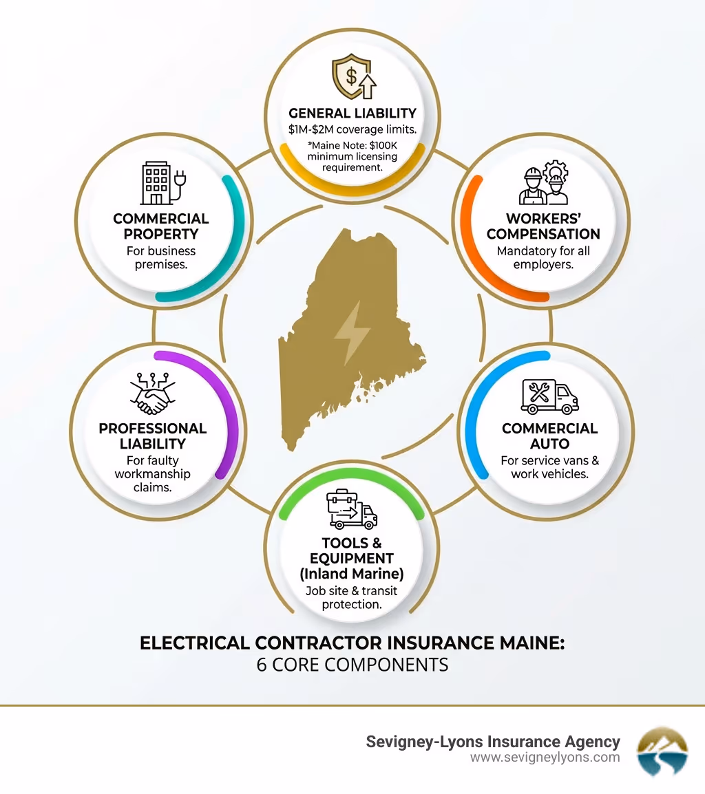 Infographic showing the 6 core components of electrical contractor insurance in Maine: General Liability with $1M-$2M coverage limits, Workers' Compensation mandatory for all employers, Commercial Auto for service vans and work vehicles, Tools and Equipment Inland Marine for job site and transit protection, Professional Liability for faulty workmanship claims, and Commercial Property for business premises; with Maine-specific notes on $100K minimum licensing requirement and the $75K residential project threshold - Electrical contractor insurance Maine infographic 
