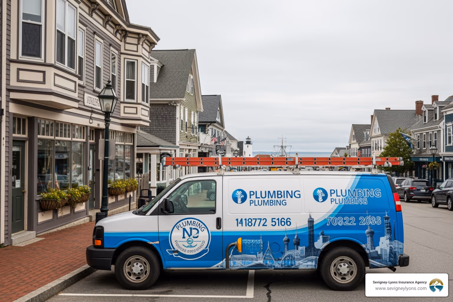 plumbing van parked in downtown Kennebunk - plumbers insurance