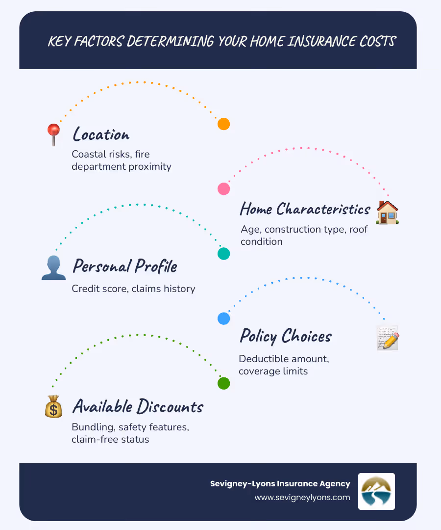 Infographic showing the key factors that determine home insurance costs: Location (coastal risks, fire department proximity), Home Characteristics (age, construction type, roof condition), Personal Profile (credit score, claims history), Policy Choices (deductible amount, coverage limits), and Available Discounts (bundling, safety features, claim-free status) - affordable home insurance * infographic infographic-line-5-steps-blues-accent_colors