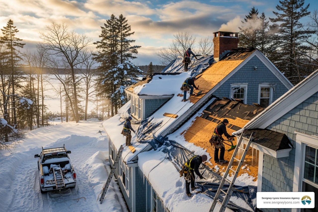 roof repair after a Maine winter storm - comprehensive home insurance