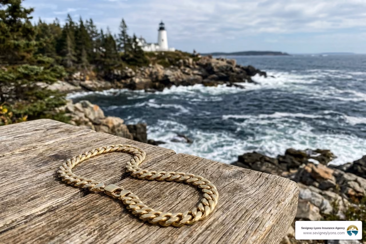 gold chain on rocks overlooking maine lighthouse - gold chain insurance maine concept