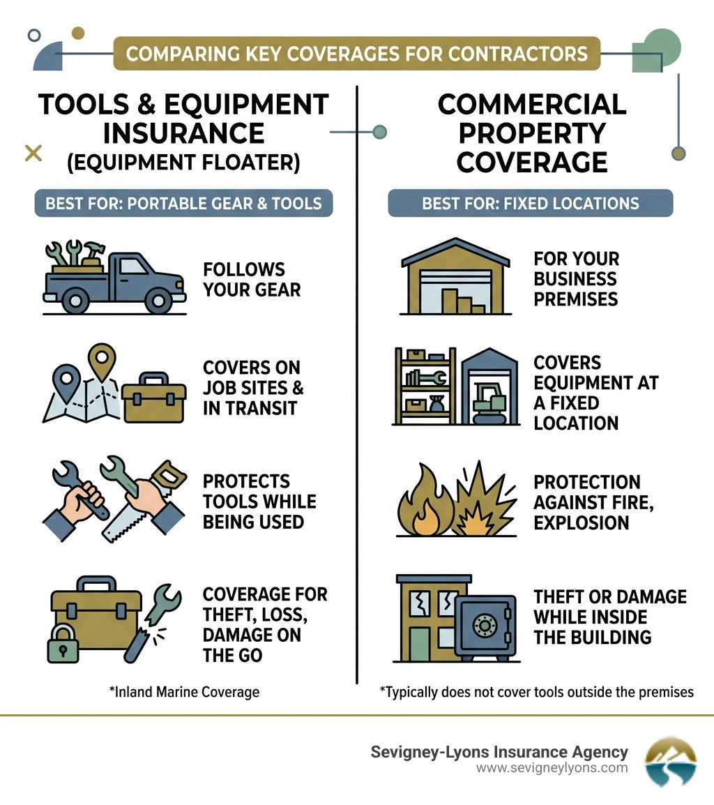 Infographic comparing tools insurance vs commercial property coverage for contractors - affordable tools insurance quotes