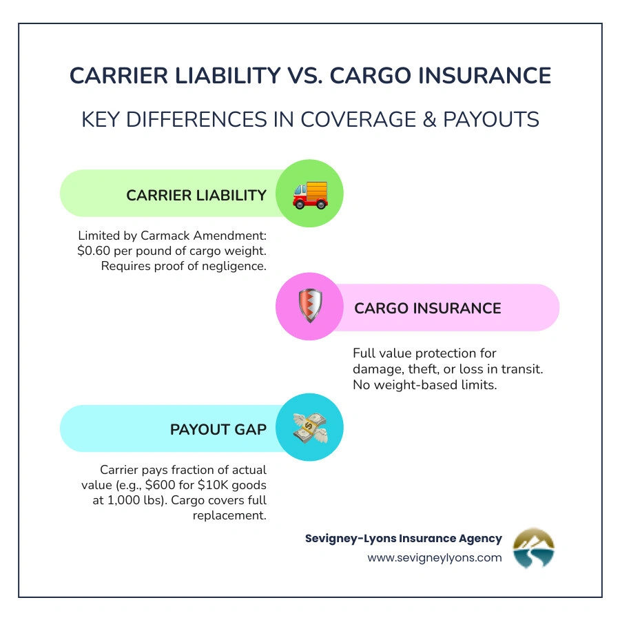 Infographic comparing carrier liability vs. full cargo insurance coverage types and payout methods - cargo insurance quote Infographic comparing carrier liability vs. full cargo insurance coverage types and payout methods - cargo insurance quote