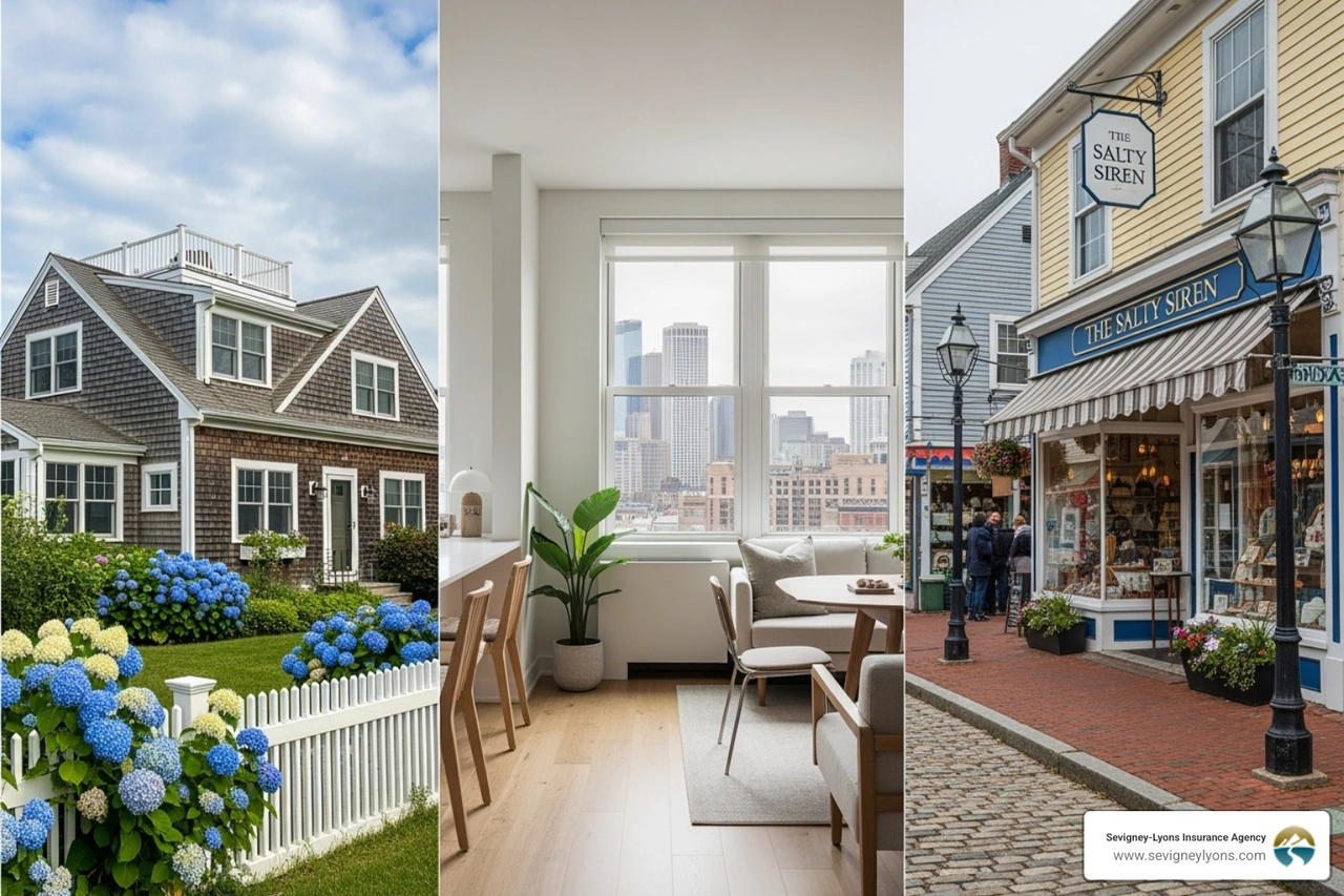collage showing a single-family home, an apartment interior, and a small business storefront in a town like Ogunquit - what are the three main types of property insurance coverage collage showing a single-family home, an apartment interior, and a small business storefront in a town like Ogunquit - what are the three main types of property insurance coverage