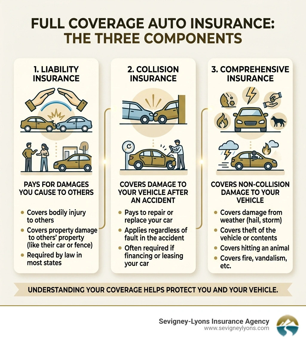 Infographic showing the three components of full coverage auto insurance: liability, collision, and comprehensive - Full Infographic showing the three components of full coverage auto insurance: liability, collision, and comprehensive - Full