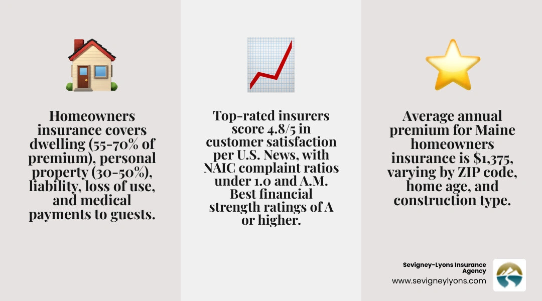 Infographic showing the top-rated home insurance companies in the US ranked by customer satisfaction score, average annual premium, NAIC complaint ratio, and AM Best financial strength rating, with a breakdown of standard homeowners policy components including dwelling coverage, personal property, liability, loss of use, and medical payments guest coverage - Home insurance companies infographic 3_facts_emoji_grey Infographic showing the top-rated home insurance companies in the US ranked by customer satisfaction score, average annual premium, NAIC complaint ratio, and AM Best financial strength rating, with a breakdown of standard homeowners policy components including dwelling coverage, personal property, liability, loss of use, and medical payments guest coverage - Home insurance companies infographic 3_facts_emoji_grey