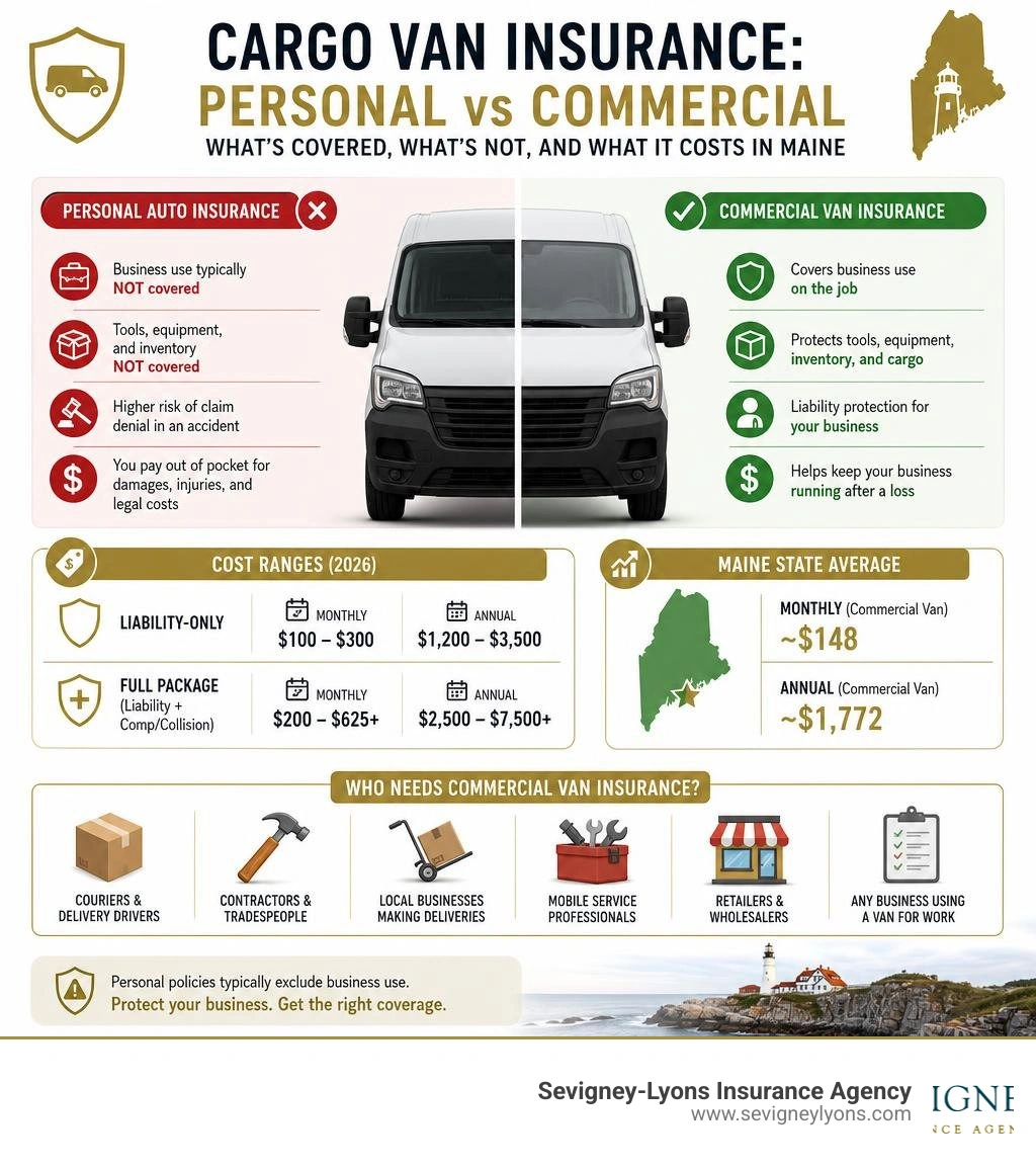 Infographic comparing personal vs commercial cargo van insurance: coverage gaps, cost ranges, who needs it, and Maine state Infographic comparing personal vs commercial cargo van insurance: coverage gaps, cost ranges, who needs it, and Maine state