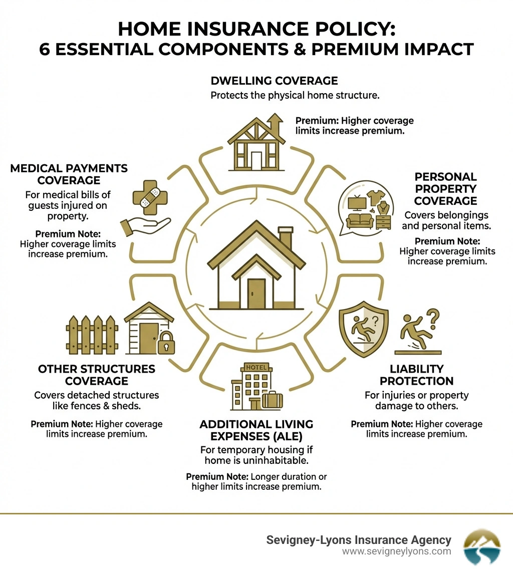 Infographic showing the 6 components of a standard home insurance policy: dwelling coverage protecting the home structure, personal property coverage for belongings, liability protection for injuries or damage, additional living expenses for temporary housing, other structures coverage for fences and sheds, and medical payments coverage for guests — each with a brief description and a note on how each component affects your overall premium - Affordable home insurance infographic Infographic showing the 6 components of a standard home insurance policy: dwelling coverage protecting the home structure, personal property coverage for belongings, liability protection for injuries or damage, additional living expenses for temporary housing, other structures coverage for fences and sheds, and medical payments coverage for guests — each with a brief description and a note on how each component affects your overall premium - Affordable home insurance infographic