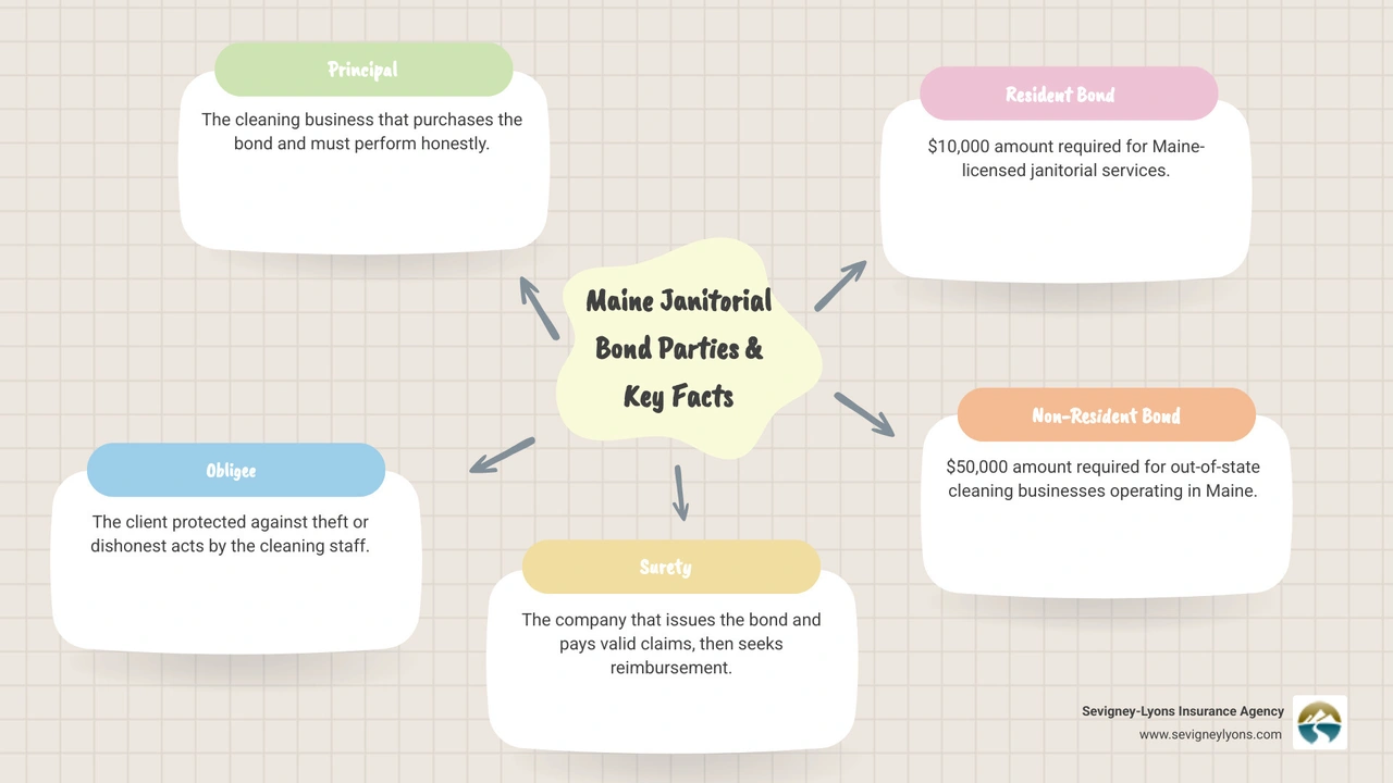 Infographic showing Principal, Obligee, Surety relationship in Maine janitorial bond with bond amounts - Maine janitorial Infographic showing Principal, Obligee, Surety relationship in Maine janitorial bond with bond amounts - Maine janitorial
