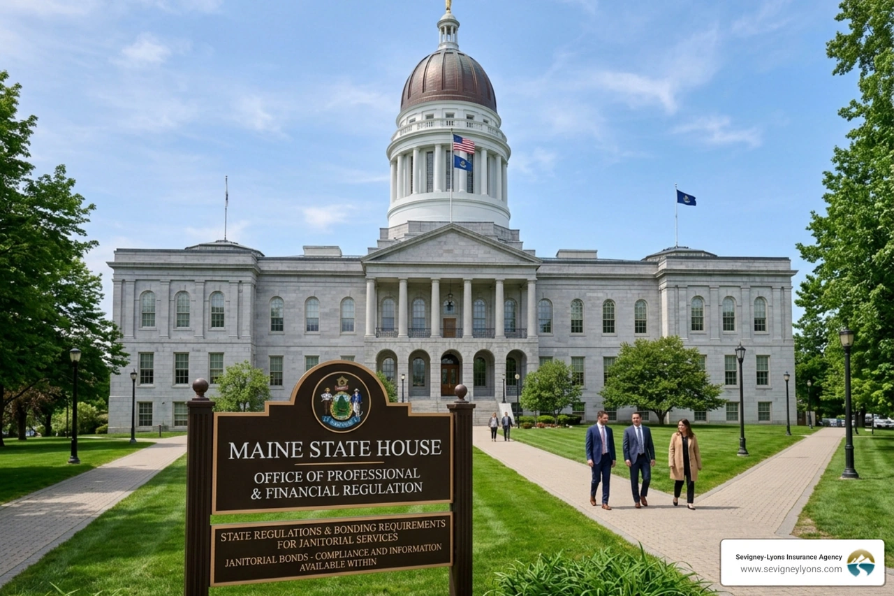 Maine State House building in Augusta representing Maine janitorial bonds law - Maine janitorial bonds Maine State House building in Augusta representing Maine janitorial bonds law - Maine janitorial bonds