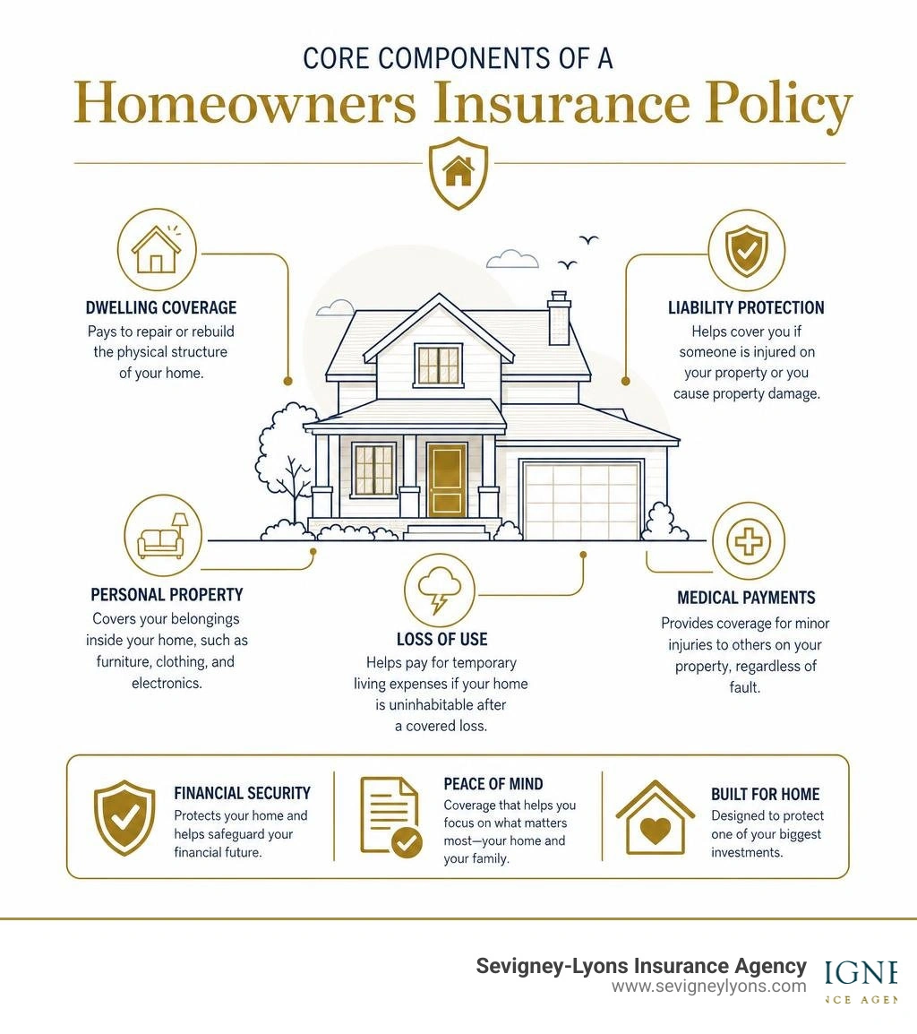 Core components of a homeowners insurance policy infographic infographic