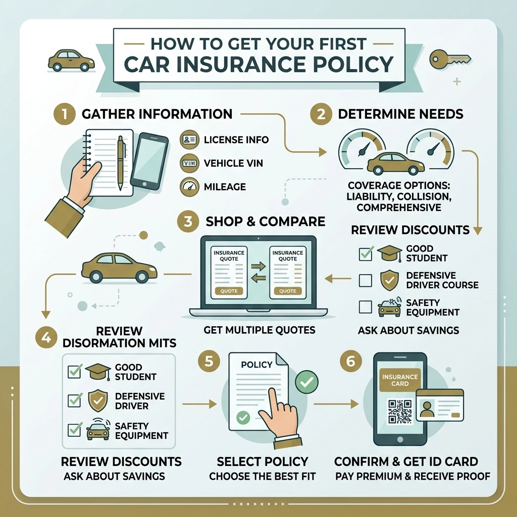 Step-by-step infographic: How to get your first car insurance policy as a new driver - car insurance for 1st time drivers