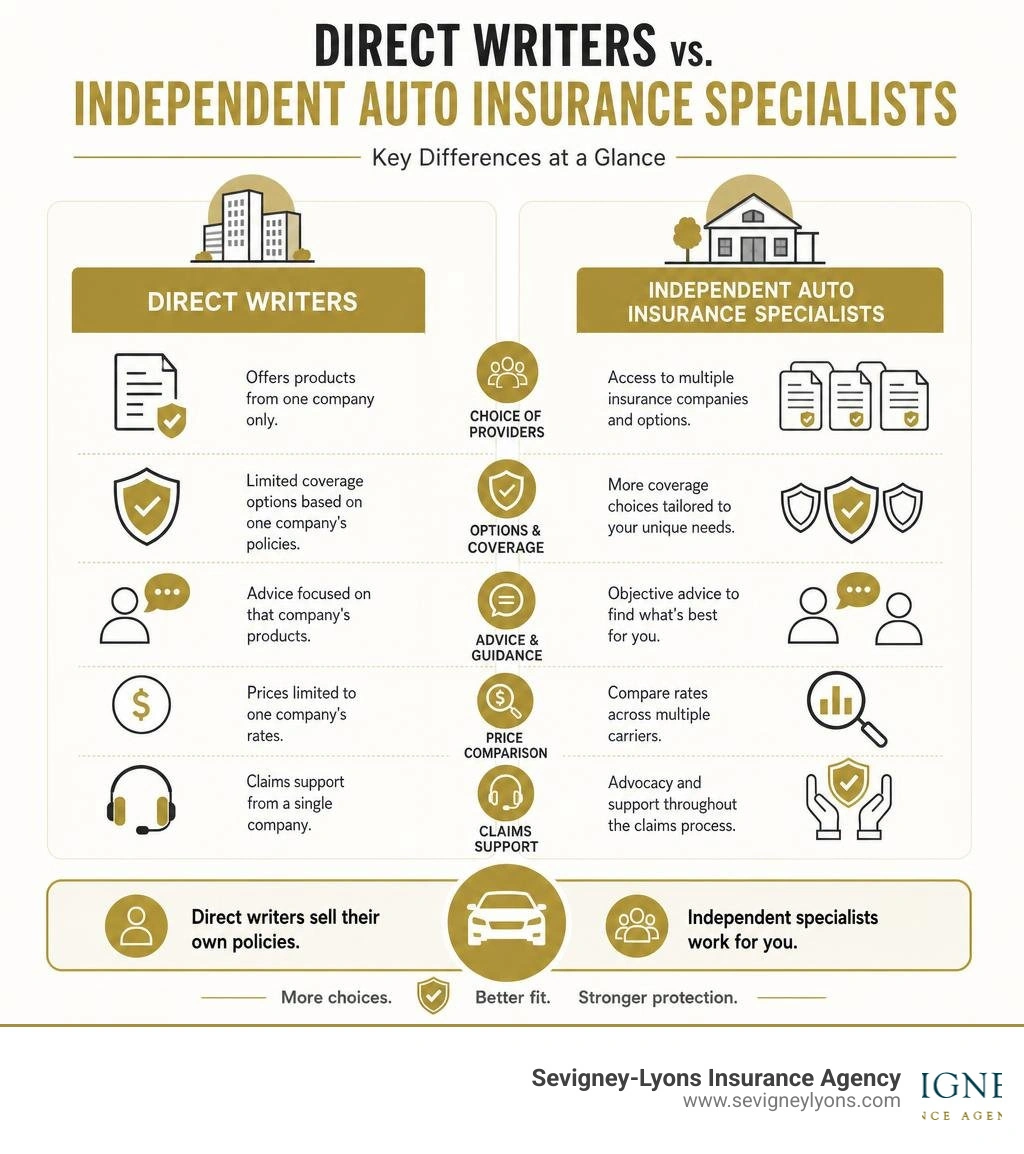 Infographic comparing direct writers vs independent auto insurance specialists and their key differences infographic