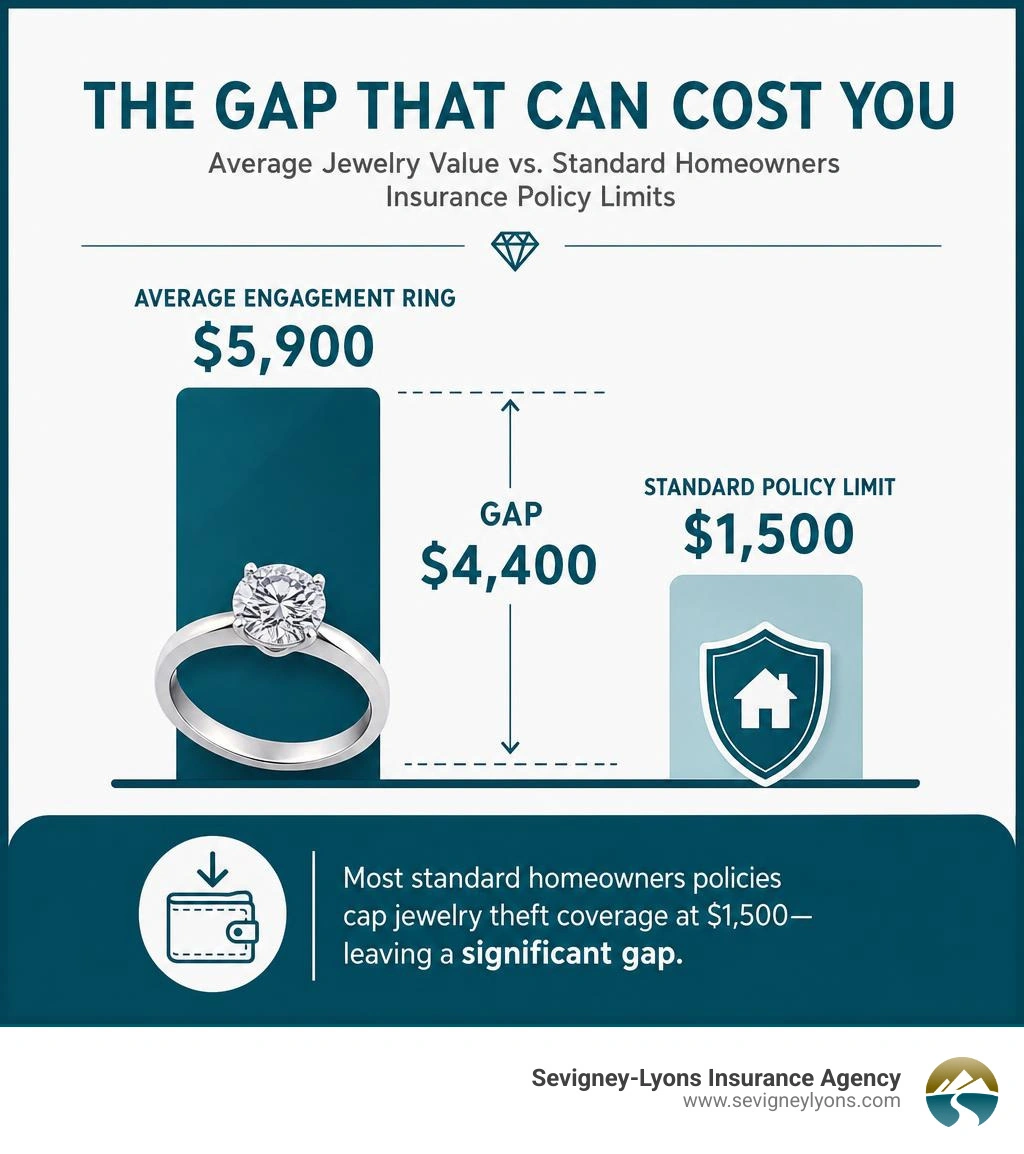 Gap between average jewelry value and standard homeowners insurance policy limits infographic infographic