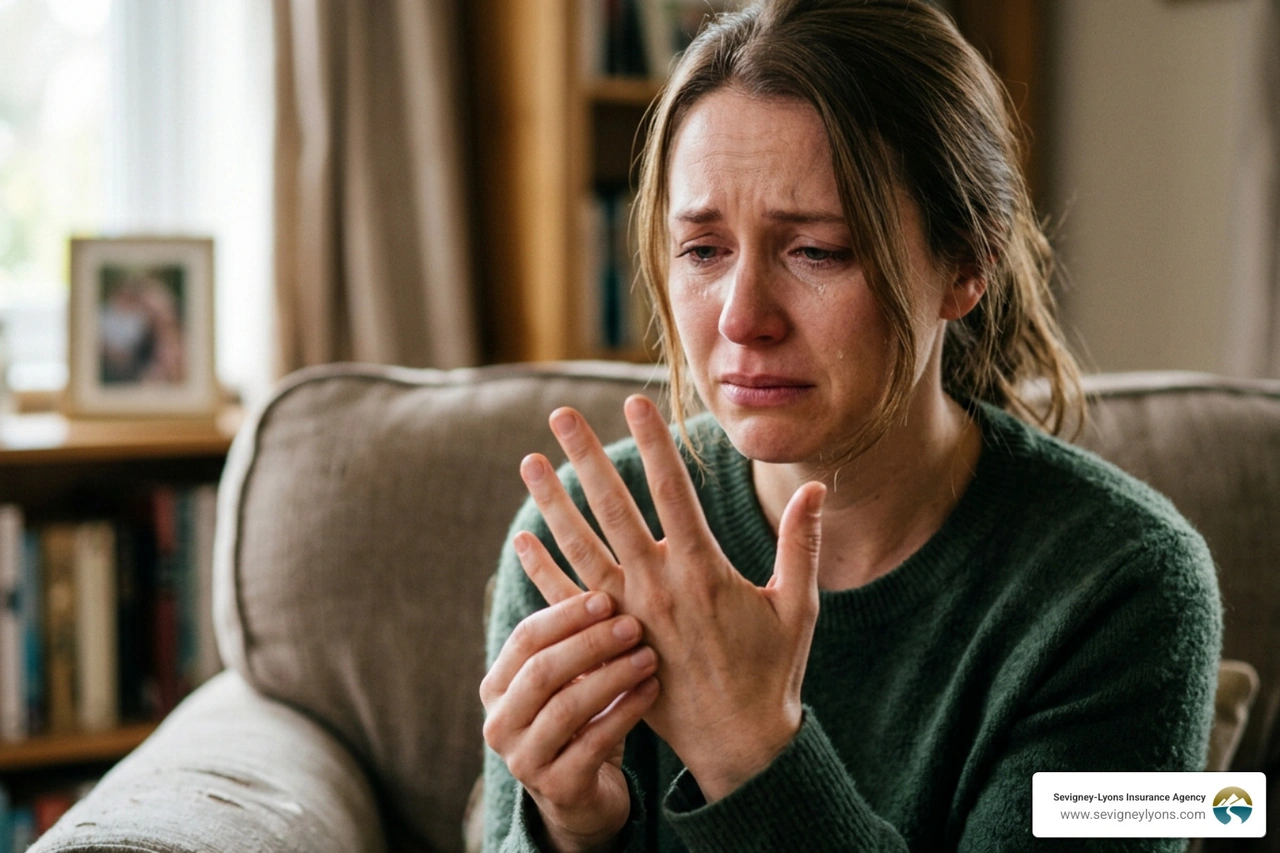 woman looking at her bare ring finger in distress