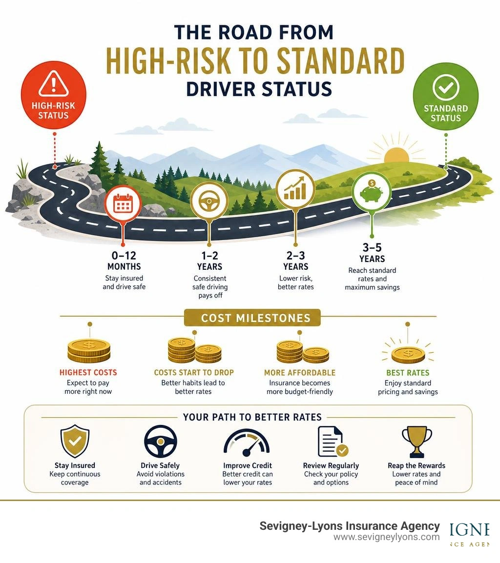 Infographic showing path from high-risk to standard driver status with timeline and cost milestones infographic Infographic showing path from high-risk to standard driver status with timeline and cost milestones infographic