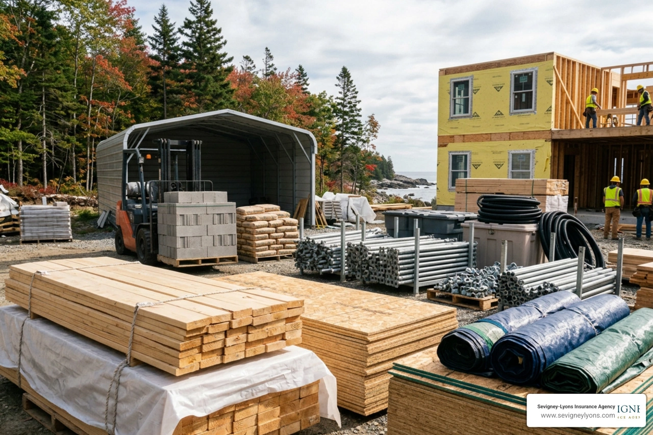 building materials stored on a Maine construction site