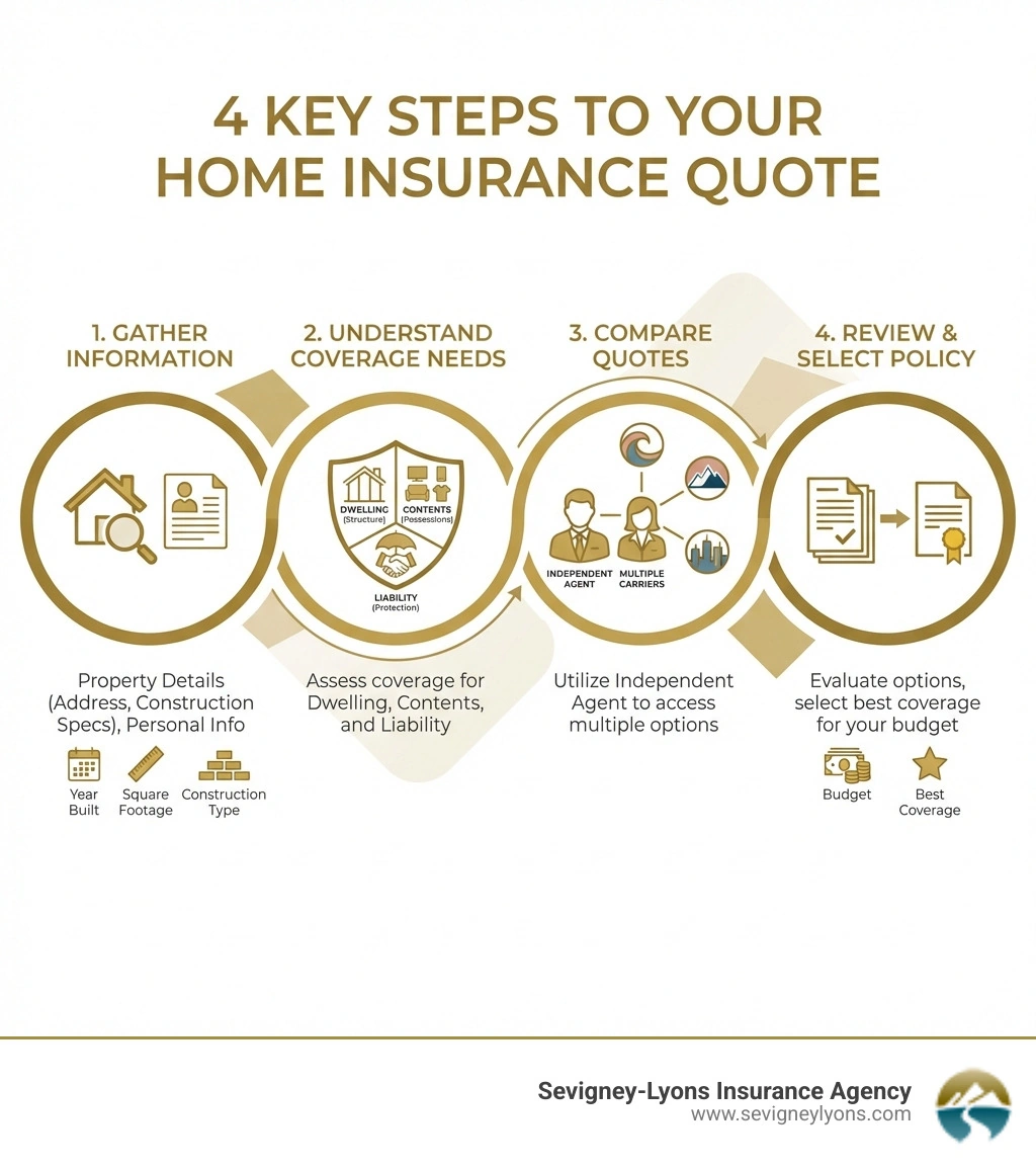 infographic showing the 4 key steps to getting a home insurance quote: 1. Gather your home and personal information including property details and construction specs, 2. Understand what coverage you need for dwelling, contents, and liability, 3. Compare quotes from multiple carriers through an independent agent, 4. Review your policy options and select the best coverage for your budget - get home insurance quote * infographic infographic showing the 4 key steps to getting a home insurance quote: 1. Gather your home and personal information including property details and construction specs, 2. Understand what coverage you need for dwelling, contents, and liability, 3. Compare quotes from multiple carriers through an independent agent, 4. Review your policy options and select the best coverage for your budget - get home insurance quote * infographic