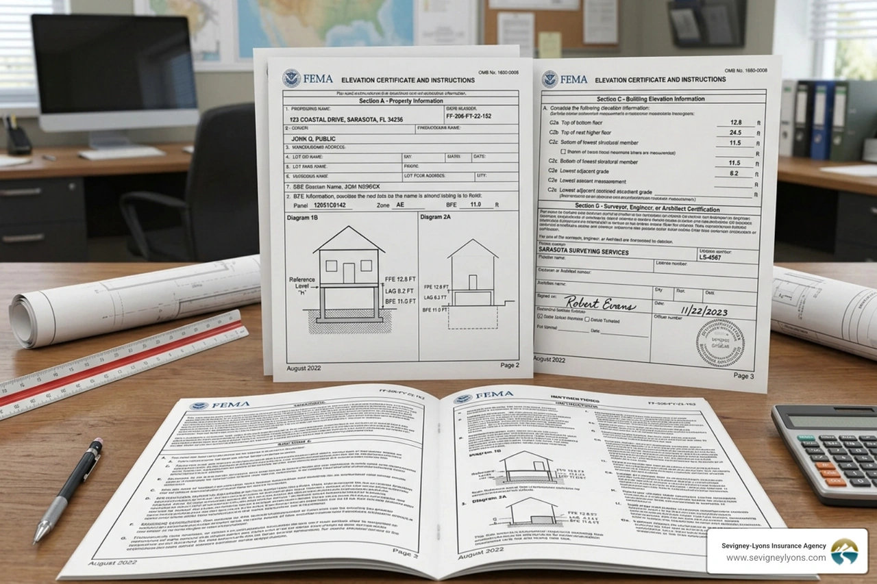 FEMA Elevation Certificate form FF-206-FY-22-152 showing building elevation sections - flood insurance elevation certificate