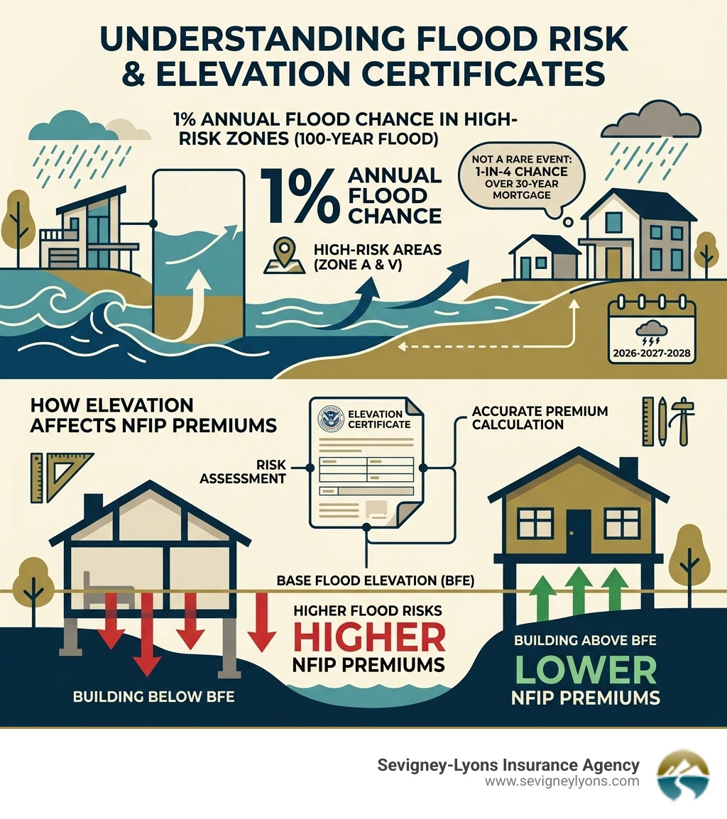 Infographic showing 1% annual flood chance in high-risk zones and how elevation affects NFIP premiums - flood insurance