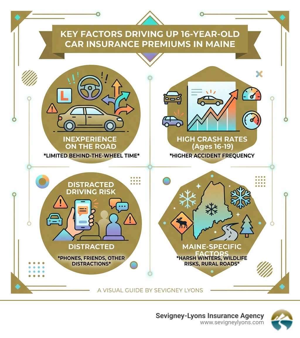 Infographic showing key factors that drive up 16-year-old car insurance premiums in Maine - 16 year old insurance Infographic showing key factors that drive up 16-year-old car insurance premiums in Maine - 16 year old insurance