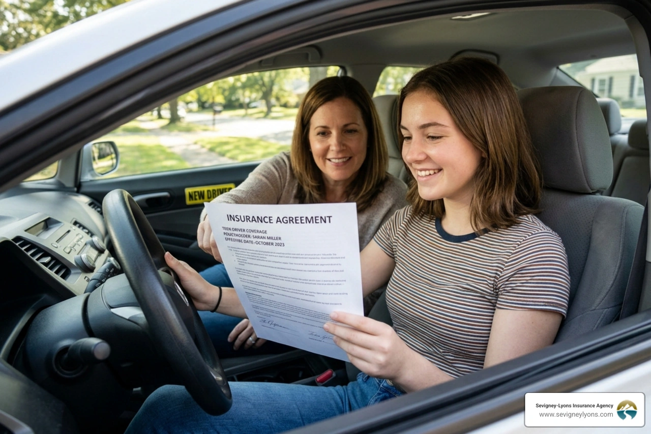 Illustration of a distracted teen driver showing common risks like phone use - 16 year old insurance Illustration of a distracted teen driver showing common risks like phone use - 16 year old insurance