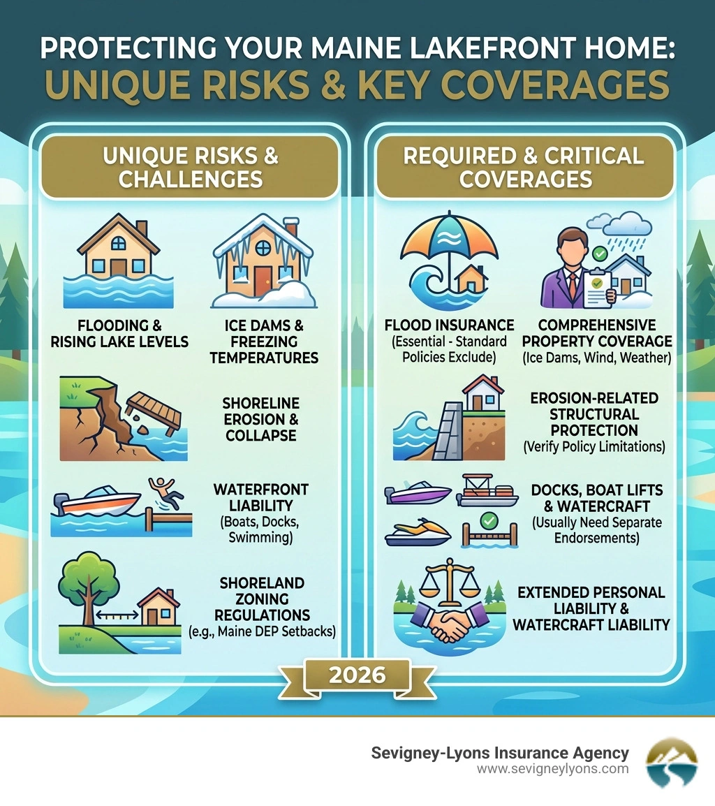 Infographic showing unique risks of lakefront property in Maine and required insurance coverages - homeowners insurance for