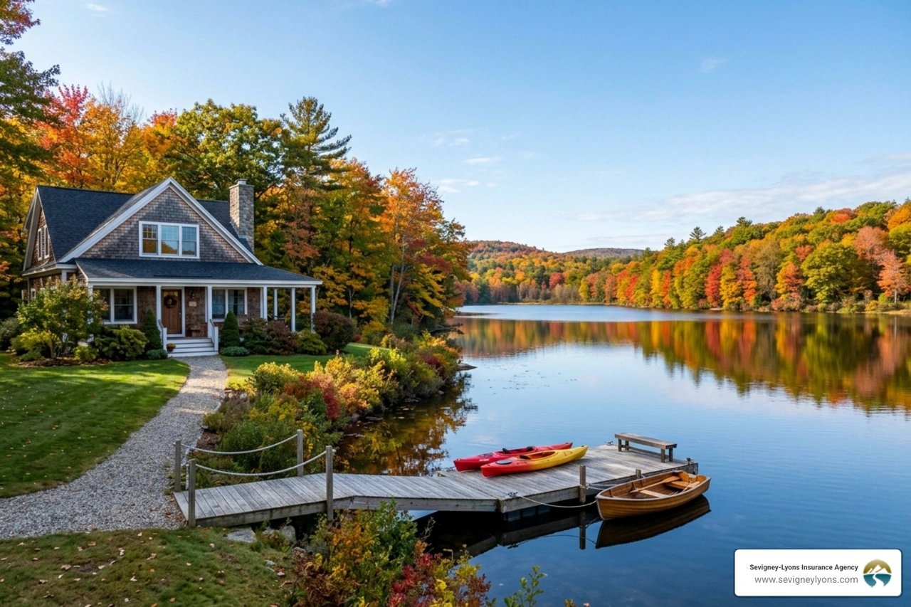 Serene lakefront property in Wells, Maine during autumn - homeowners insurance for lakefront property in maine
