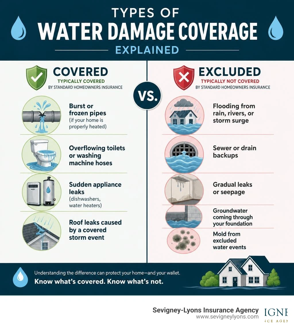Types of water damage coverage explained with covered vs excluded scenarios infographic Types of water damage coverage explained with covered vs excluded scenarios infographic