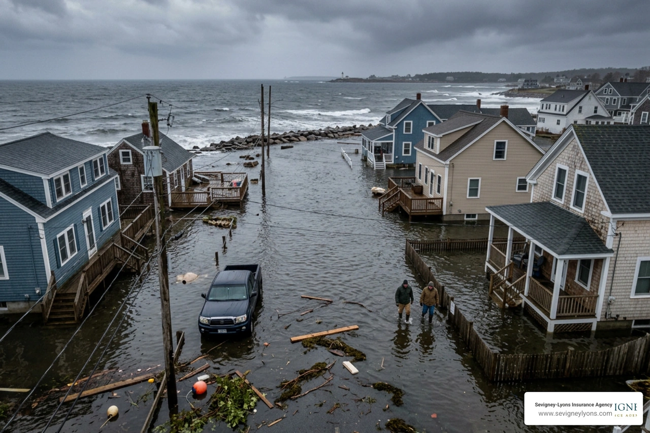 Flooding damage in Southern Maine coastal community