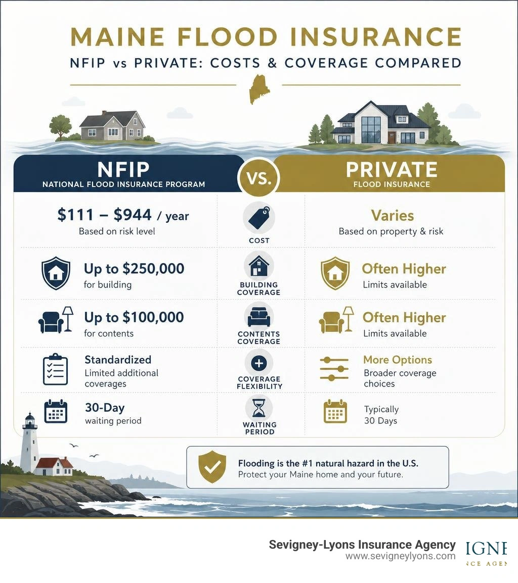 Infographic comparing NFIP vs private flood insurance costs and coverage for Maine homeowners infographic