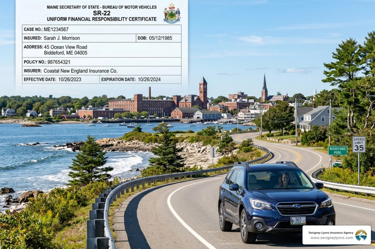 sr22 insurance certificate overlayed on top of car driving along the maine coast - SR22 insurance Biddeford area