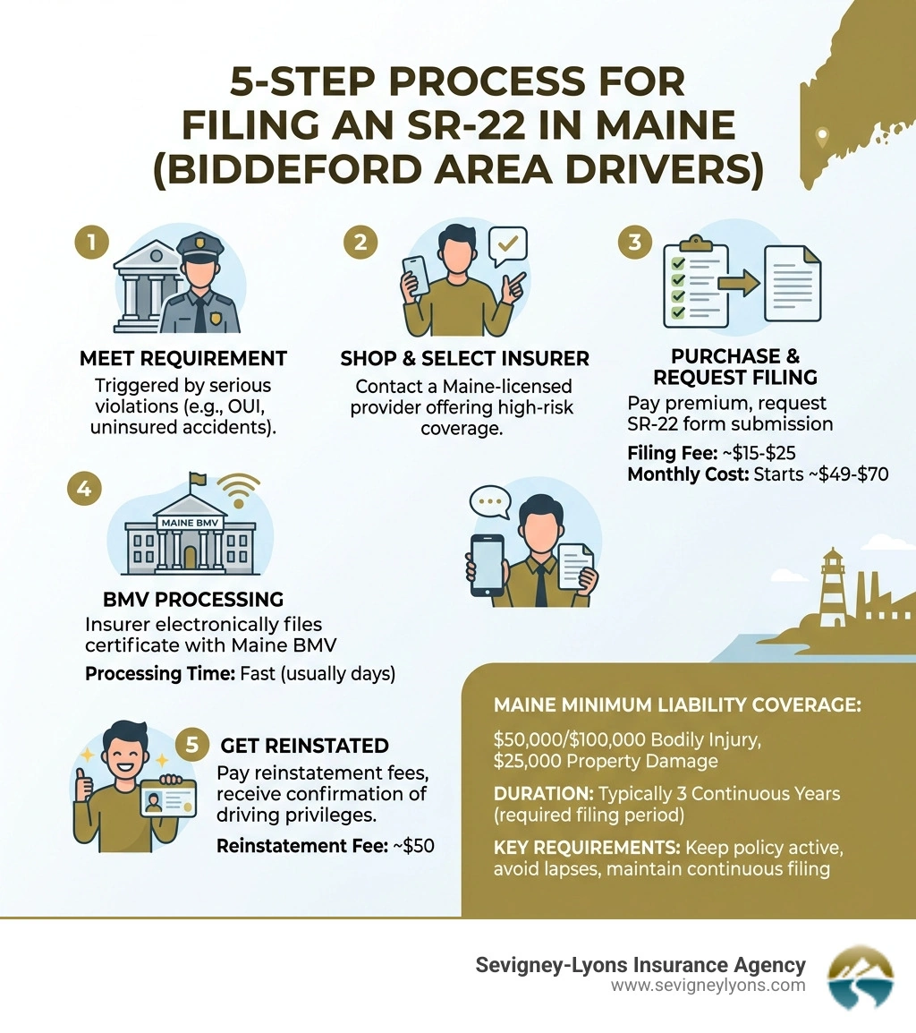 5-step process infographic for filing an SR-22 in Maine with costs, timeline, and BMV requirements - SR22 insurance 5-step process infographic for filing an SR-22 in Maine with costs, timeline, and BMV requirements - SR22 insurance