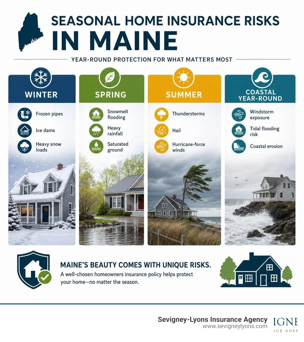 Seasonal home insurance risks in Maine: winter, spring, summer, coastal hazards overview infographic