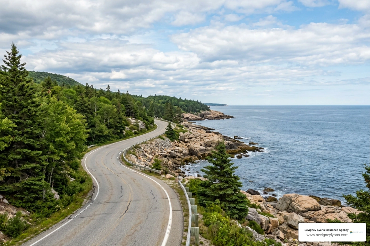 Scenic coastal road in Southern Maine representing lower risk environments Scenic coastal road in Southern Maine representing lower risk environments
