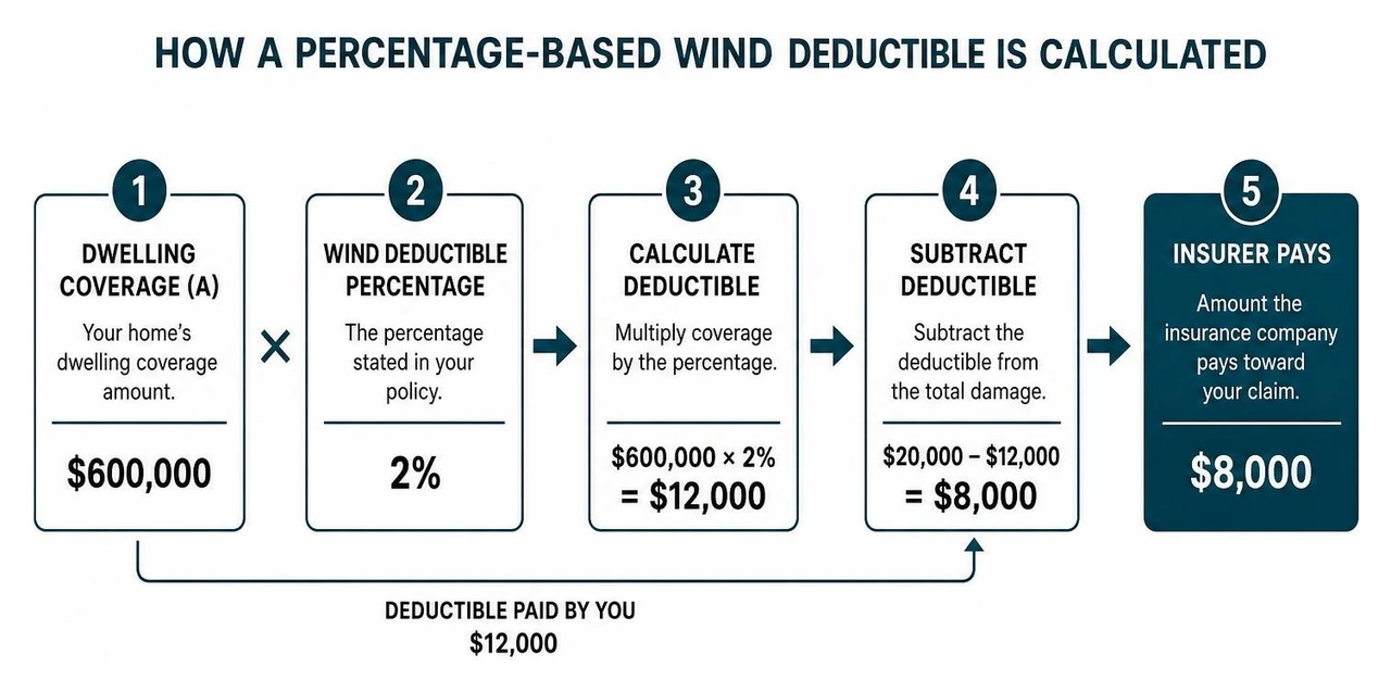 A cause-and-effect diagram of how a percentage-based wind deductible is calculated A cause-and-effect diagram of how a percentage-based wind deductible is calculated