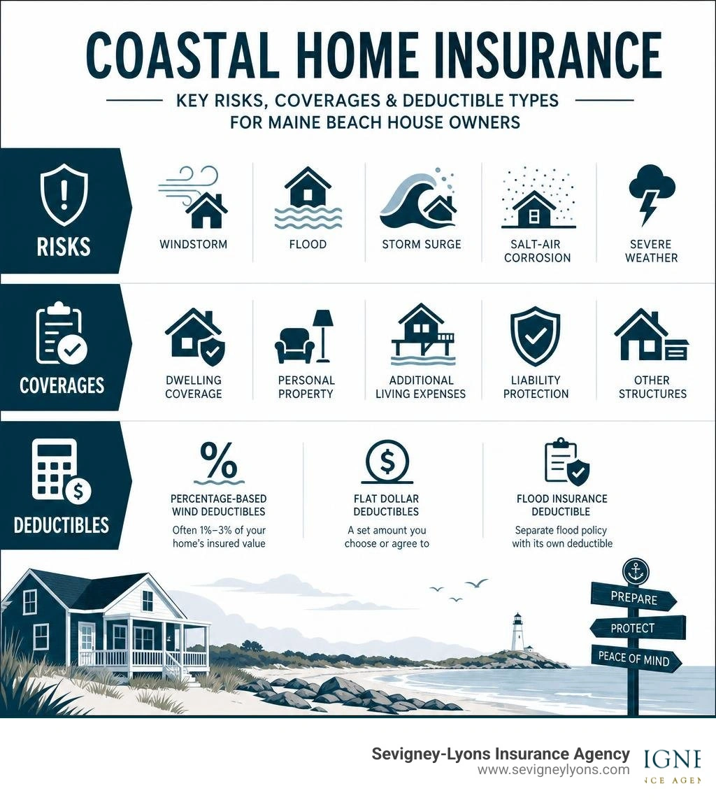 Key coastal home insurance risks, coverages, and deductible types for Maine beach house owners infographic Key coastal home insurance risks, coverages, and deductible types for Maine beach house owners infographic