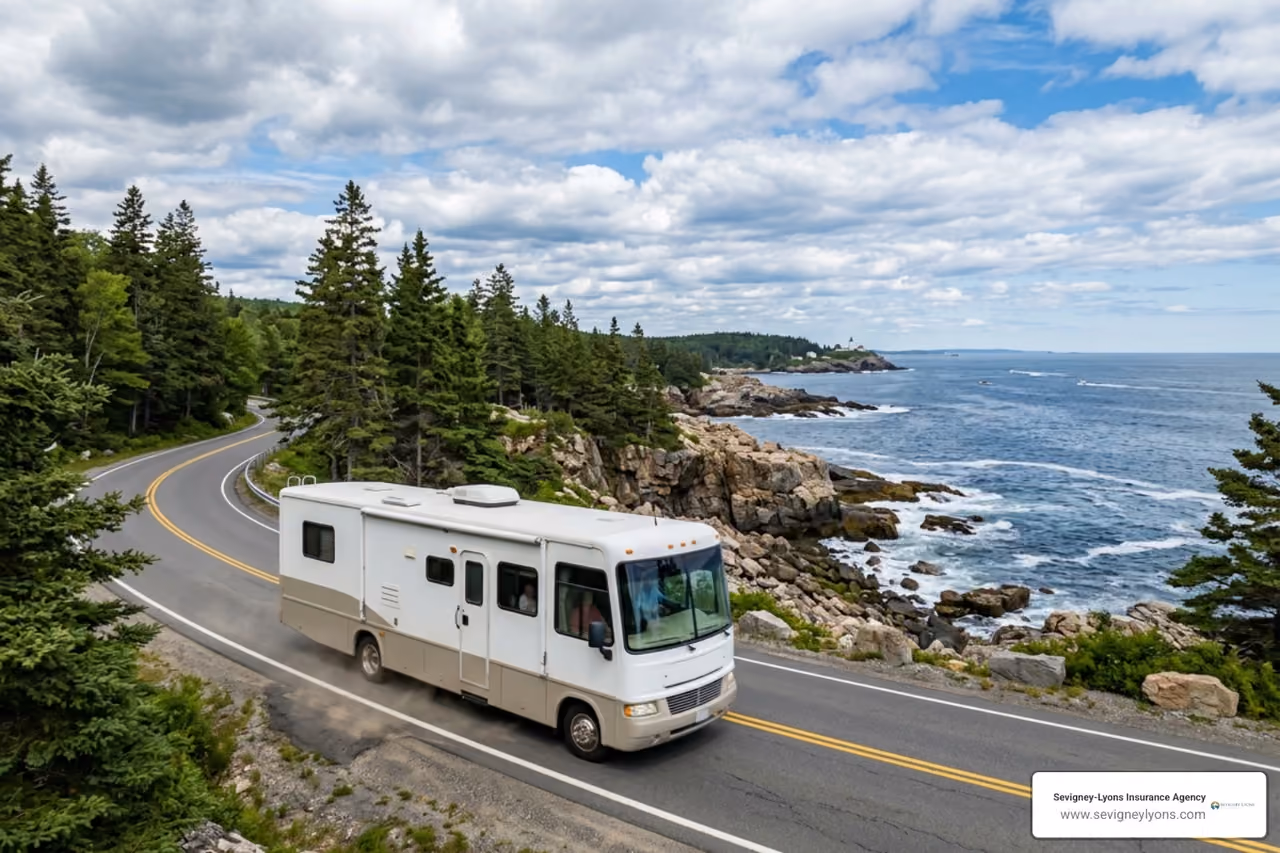 RV motorhome driving along scenic Southern Maine coastline