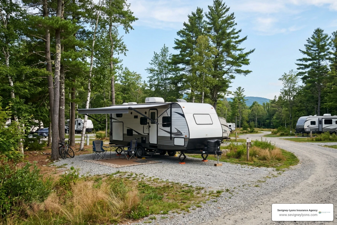 Travel trailer set up at a scenic campground in Wells Maine Travel trailer set up at a scenic campground in Wells Maine
