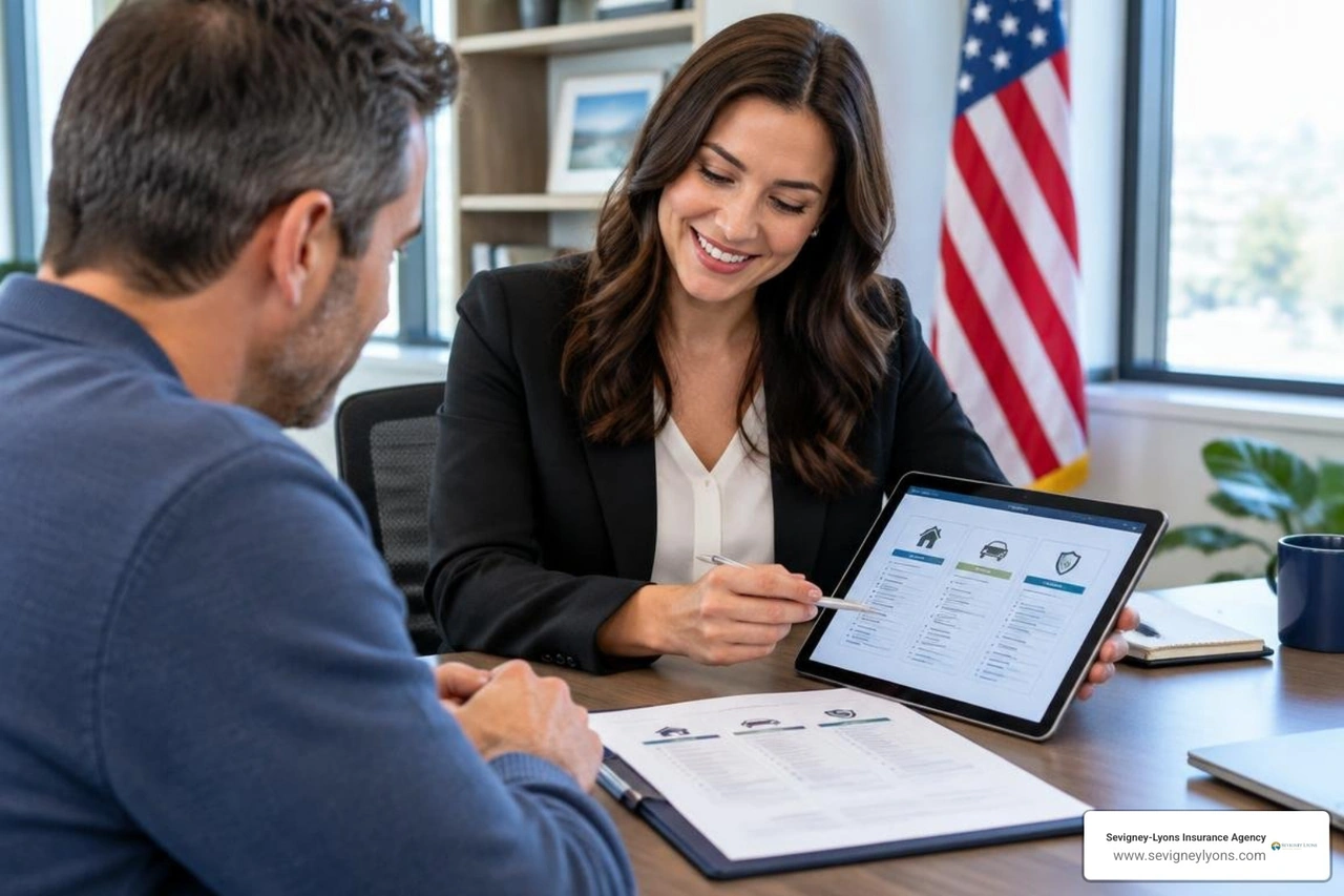 Insurance agent reviewing multi-carrier policy quotes with clients Insurance agent reviewing multi-carrier policy quotes with clients