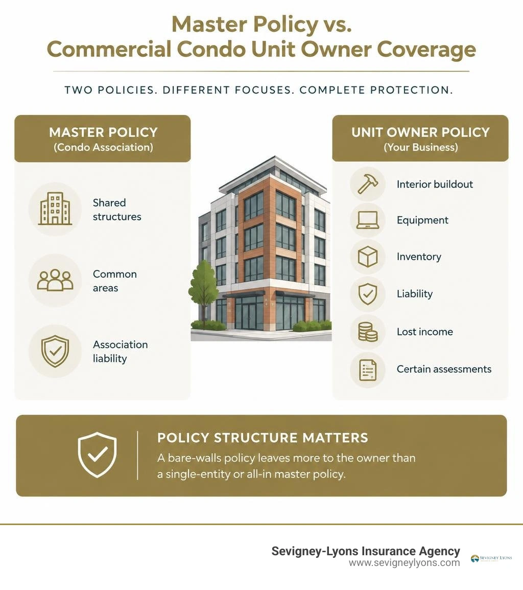 Master policy versus commercial condo unit owner coverage infographic Master policy versus commercial condo unit owner coverage infographic
