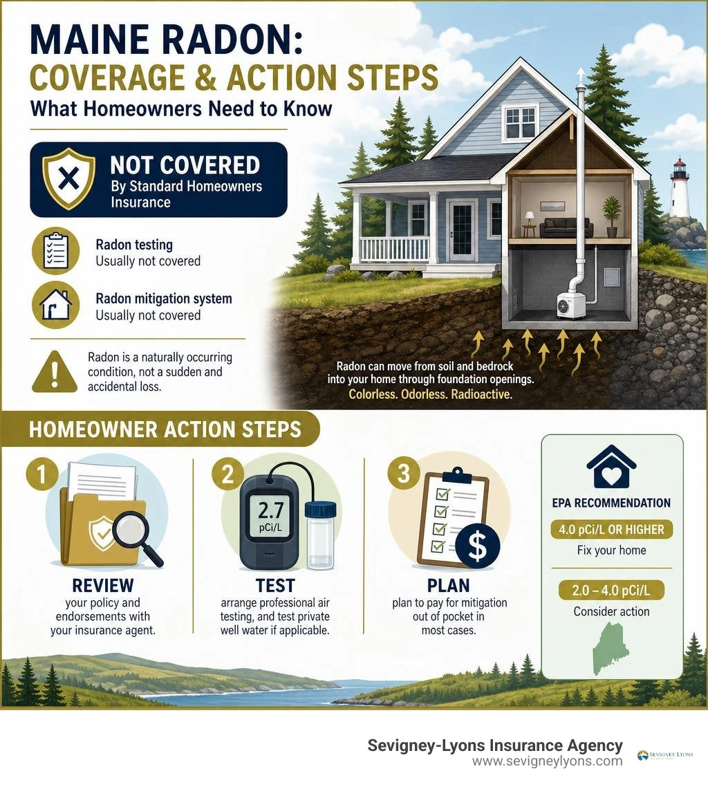 Maine radon insurance coverage and homeowner action steps infographic Maine radon insurance coverage and homeowner action steps infographic