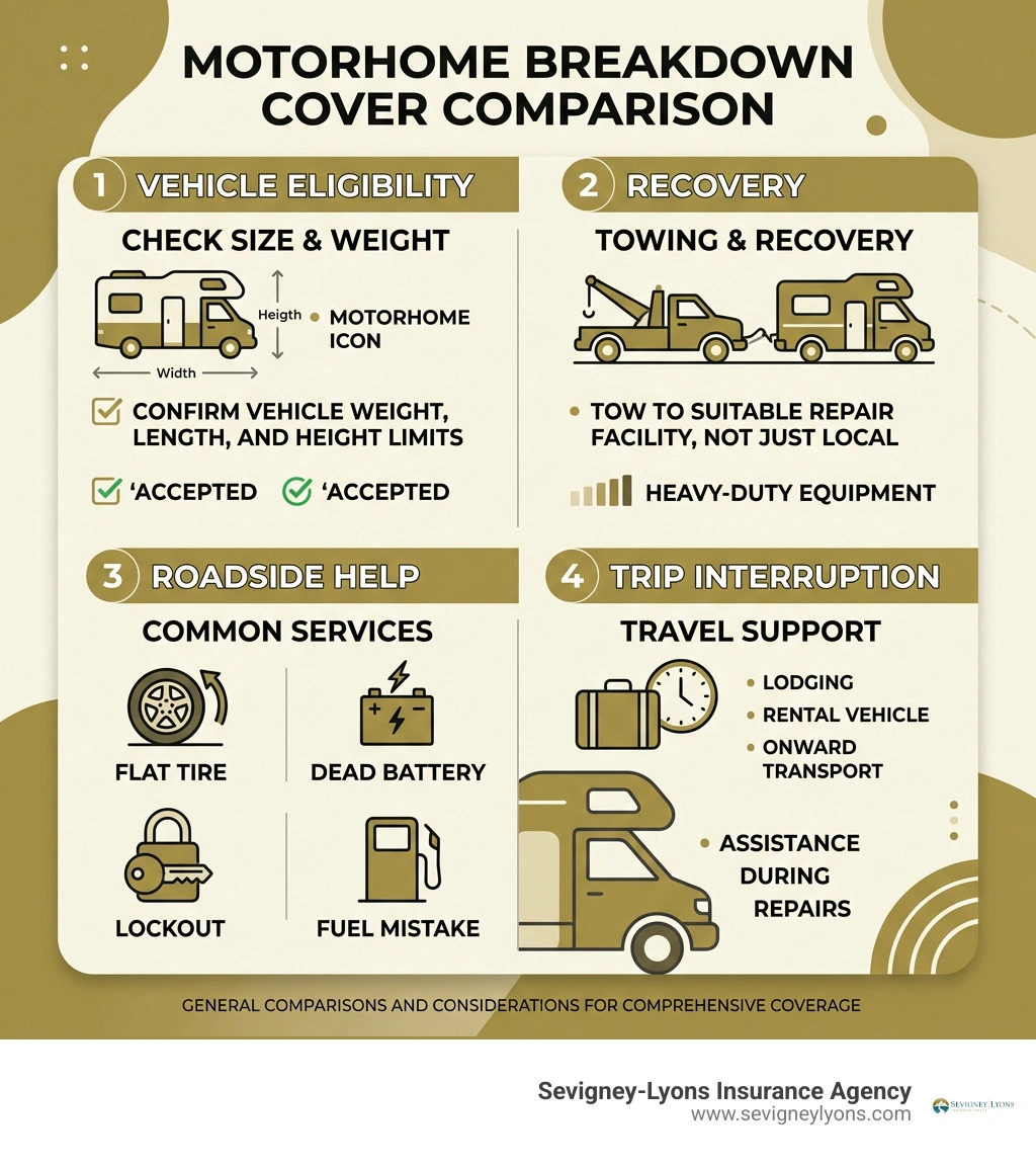 Motorhome breakdown cover comparison: eligibility, recovery, roadside help, and trip interruption infographic Motorhome breakdown cover comparison: eligibility, recovery, roadside help, and trip interruption infographic