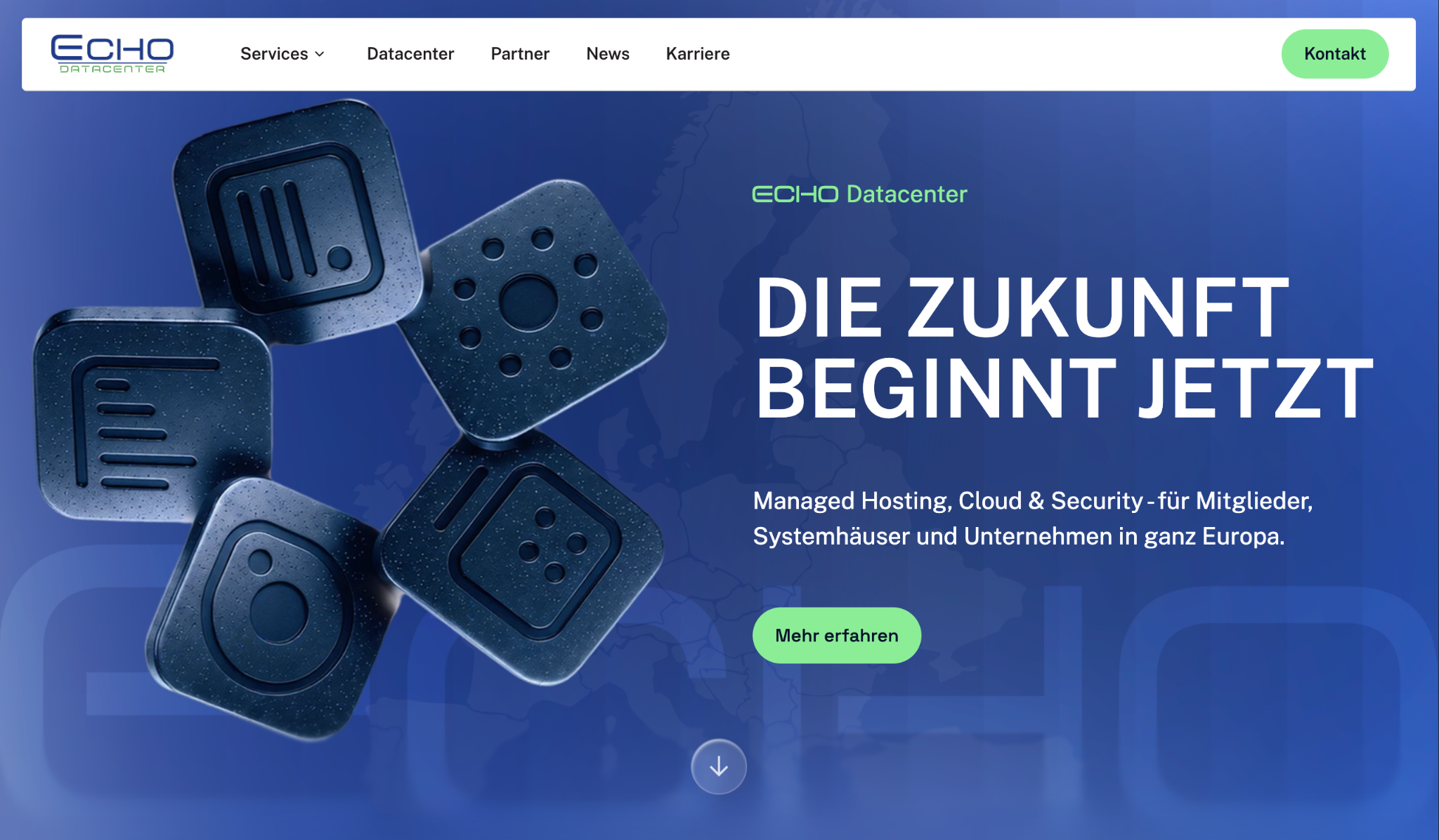 ECHO Datacenter – Startseite mit räumlichen Technik-Elementen