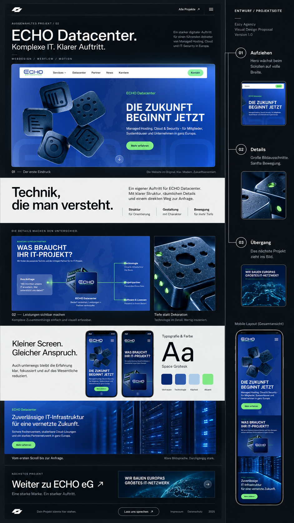 Zwei iPhone-Mockups aus dem freigegebenen Entwurf: ECHO Datacenter mit den blauen 3D-Motiven und der IT-Projekt-Sektion