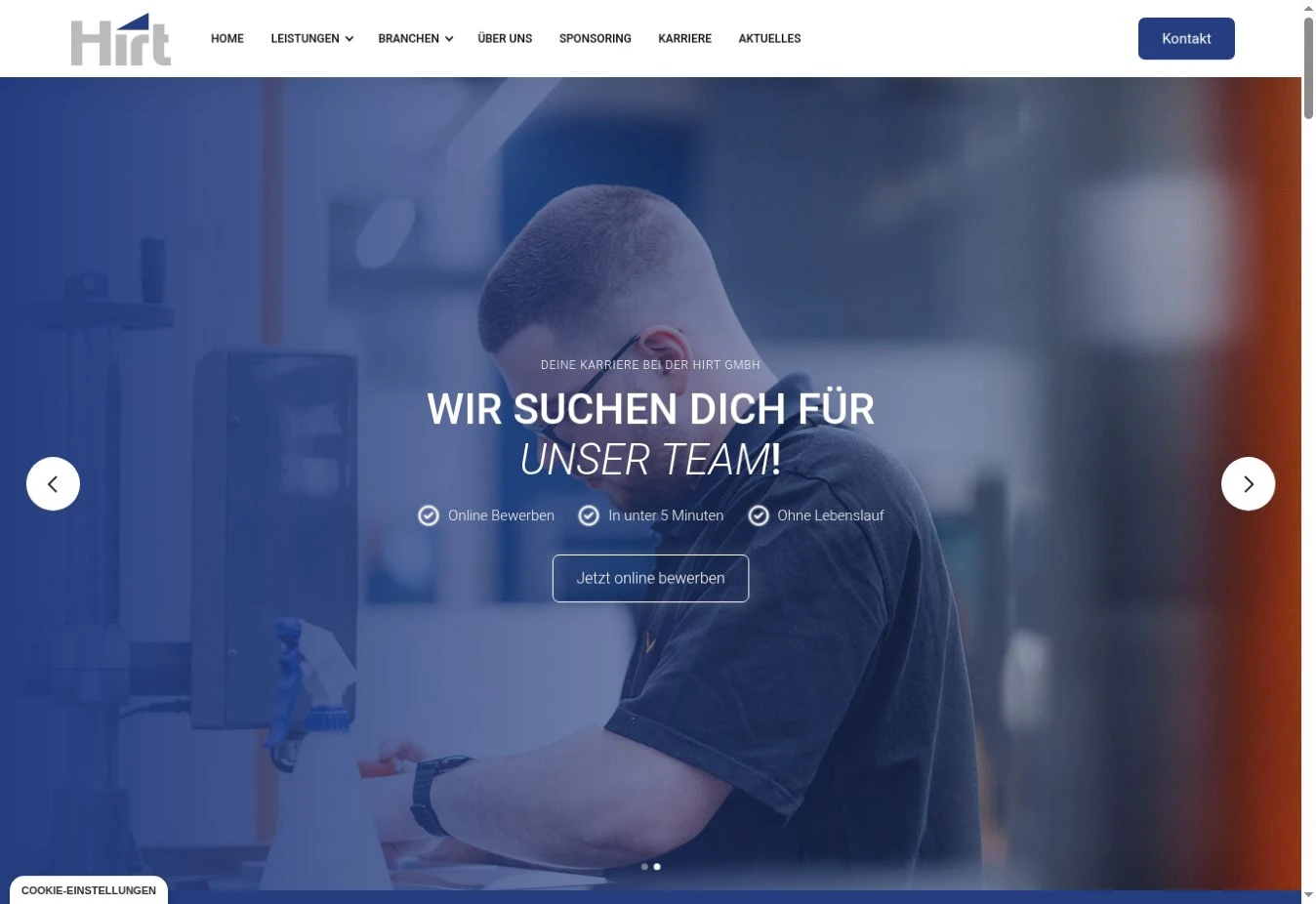 HIRT Website-Einstieg mit Logo und Fertigungsanlage