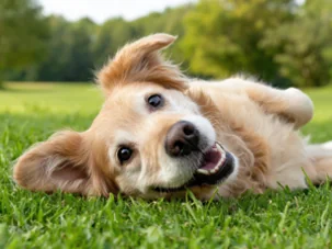 Happy golden retriever lying on green grass with trees in the background.