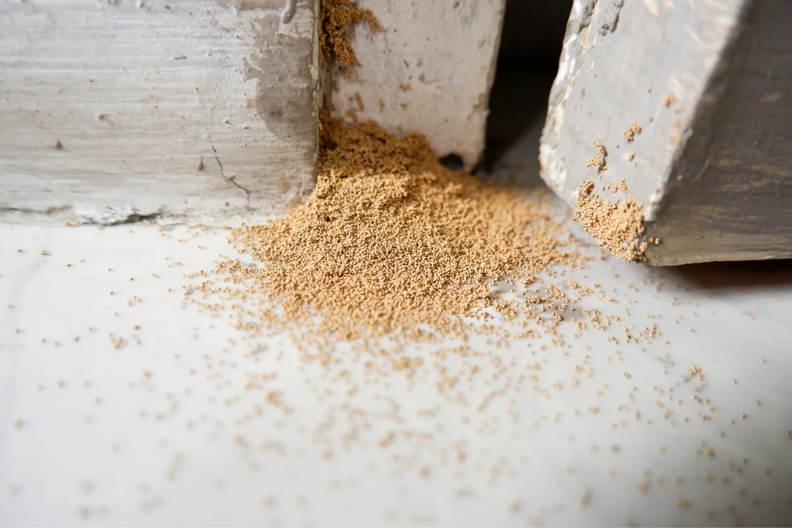 Close-up of termite droppings scattered near a wooden structure gap on a white surface.