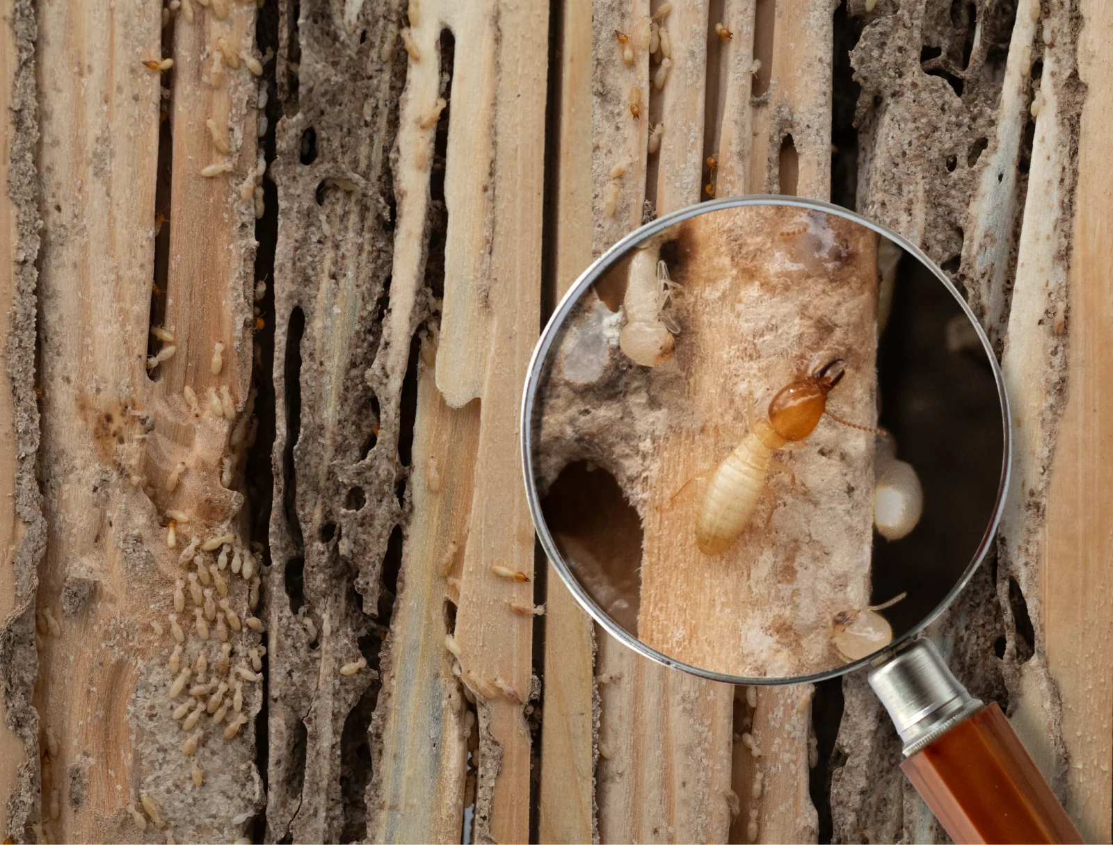Termites infesting and tunneling through damaged wood with a magnifying glass highlighting a close-up of a single termite.