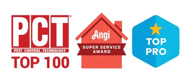 Three award icons: PCT Top 100, Angi Super Service Award in house shape, and blue hexagon with yellow star labeled Top Pro.